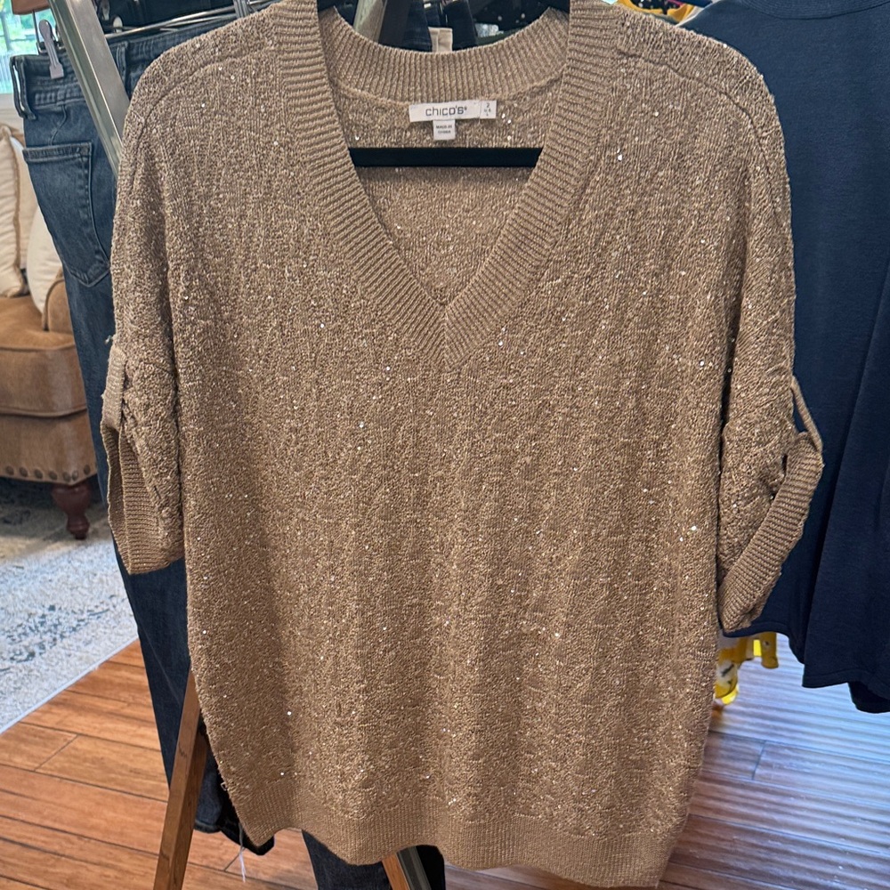 Chico's Sparkling Brown V-Neck Sweater